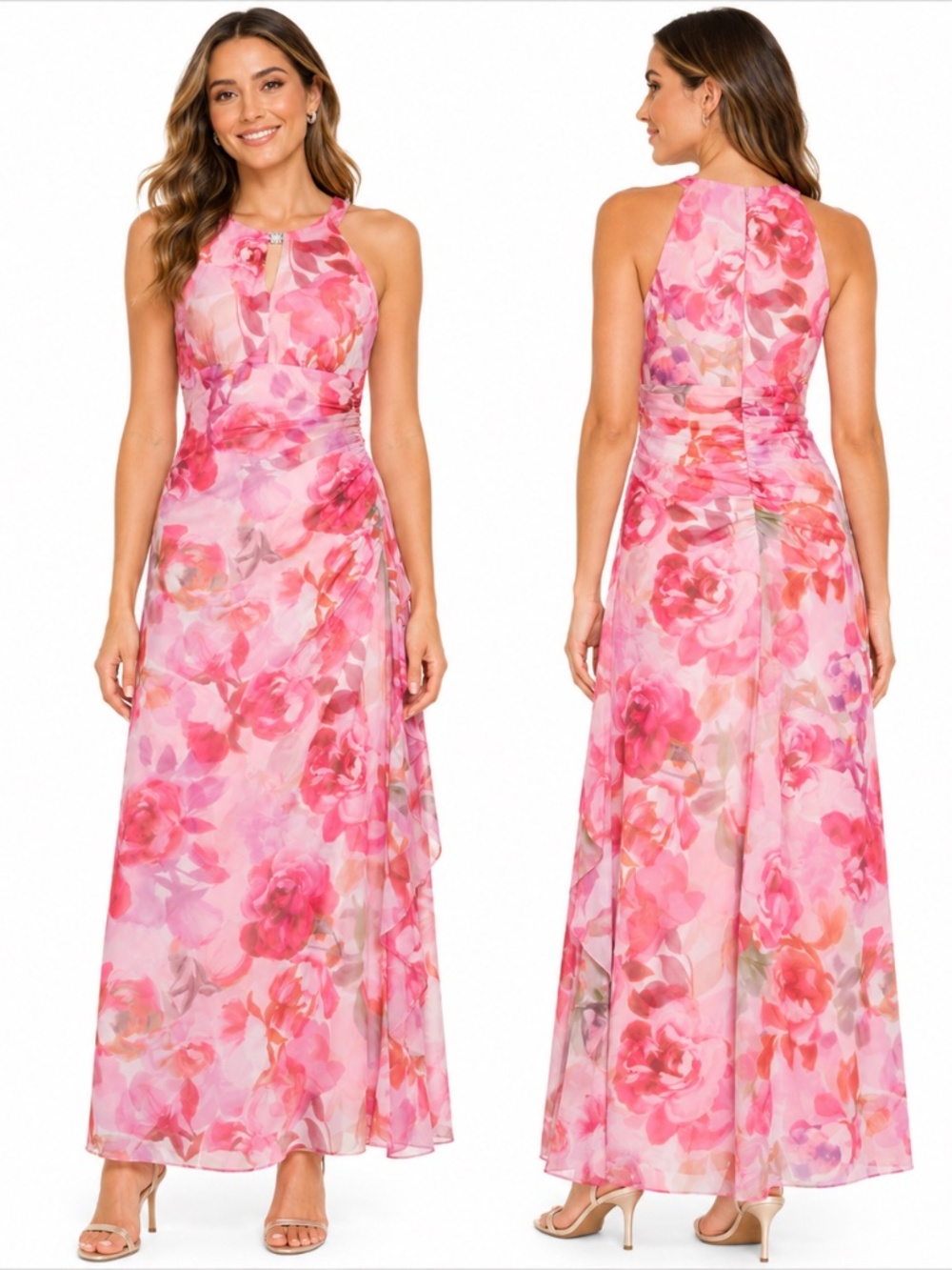 Betsy & Adam -  Floral Print‎ Gathered Sleeveless Gown